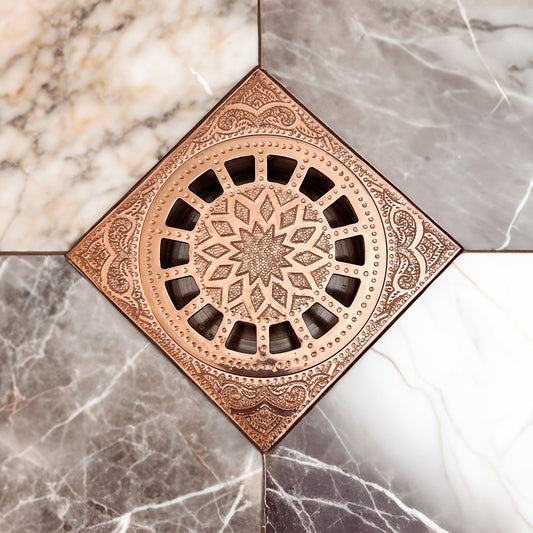 Engraved Copper Finish Floor Drain, Square Shower Drain