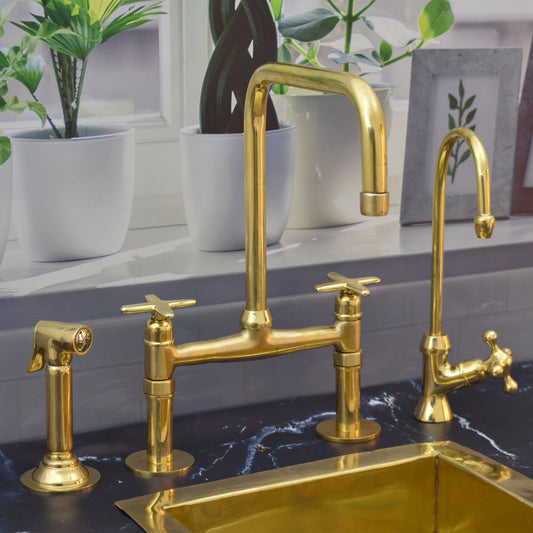 Unlacquered Solid Brass Bridge Faucet, Vintage Kitchen Faucet