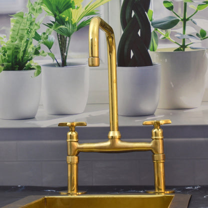 Unlacquered Solid Brass Bridge Faucet, Vintage Kitchen Faucet