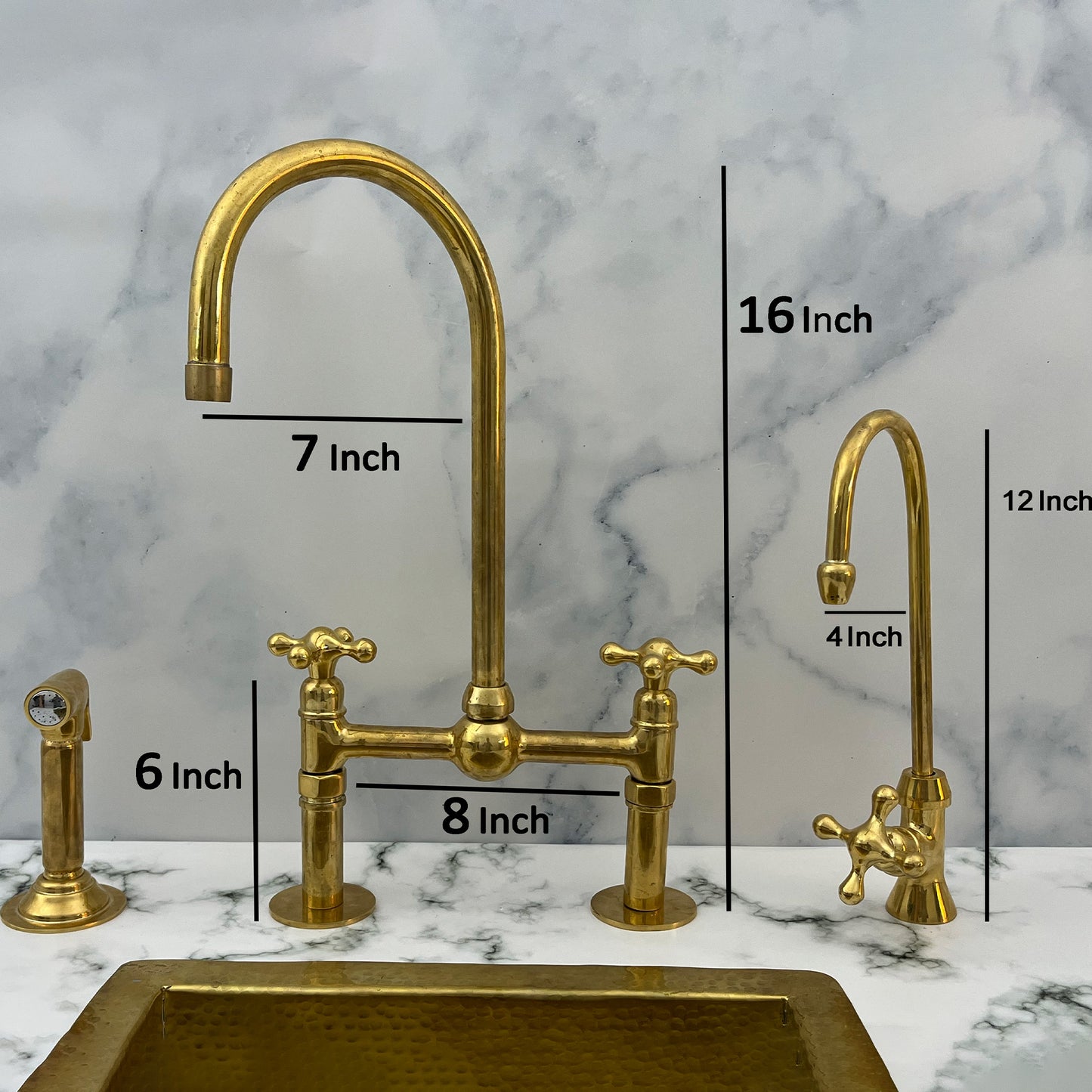 Unlacquered Solid Brass 8" Bridge Faucet, Ball Centre With Straight Leg